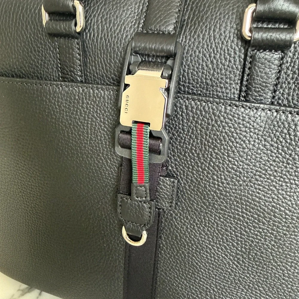 Gucci Men's 816767 Black Webbing-Trimmed Full-Grain Leather Briefcase, NWT